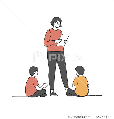 Teacher reading lesson to children sitting on floor in casual clothes learning education concept vector illustration 135254148