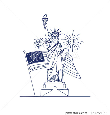 Statue of Liberty with American Flag and Fireworks Celebration Vector Illustration of USA Freedom Symbol and National Pride Statue of Liberty with American Flag and Fireworks Celebration Vector Illustration of USA Freedom Symbol and National Pride 135254158