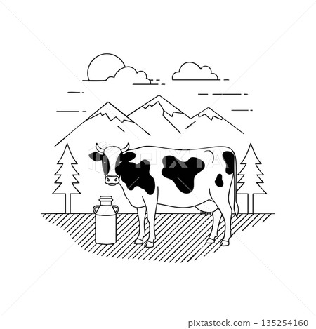 Cow standing near milk can with pine trees and mountain landscape in black and white vector illustration Cow standing near milk can with pine trees and mountain landscape in black and white vector illustration 135254160