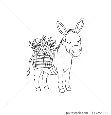 Donkey carrying basket of flowers simple black and white line art vector drawing for coloring or design projects Donkey carrying basket of flowers simple black and white line art vector drawing for coloring or design projects 135254162