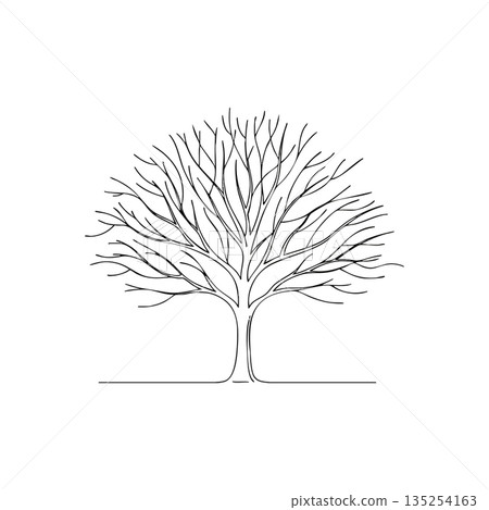 Tree silhouette with bare branches vector line art design minimalistic style natural theme black and white drawing 135254163