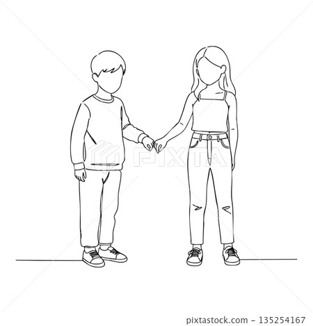 Boy and girl holding hands standing side by side minimalistic line art vector illustration 135254167
