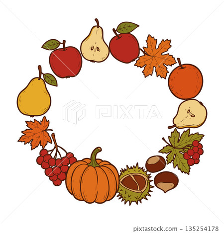 Autumn wreath with pumpkin apples pears chestnuts and fall leaves vector illustration 135254178