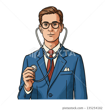 Male doctor in blue suit using stethoscope medical professional vector illustration Male doctor in blue suit using stethoscope medical professional vector illustration 135254182