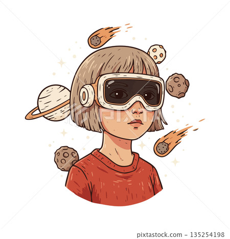 Girl wearing virtual reality goggles exploring outer space with asteroids and planet vector illustration Girl wearing virtual reality goggles exploring outer space with asteroids and planet vector illustration 135254198