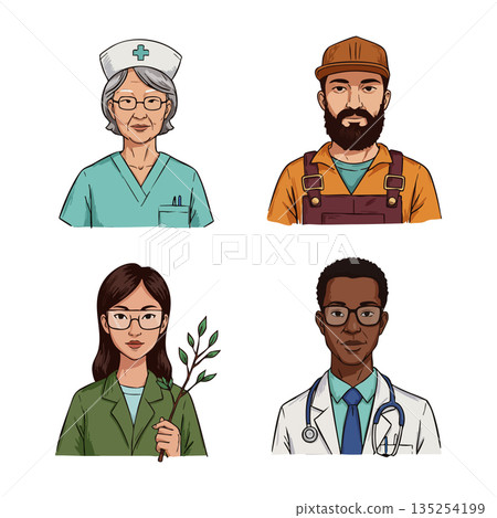 Diverse healthcare and labor professionals vector illustration with nurse doctor farmer and scientist 135254199