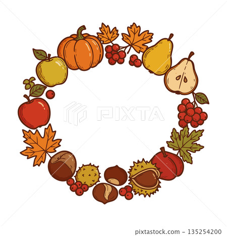 Autumn fruit and leaf wreath with pumpkin pear apple chestnuts seasonal decoration 135254200