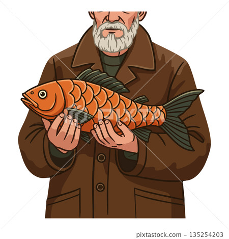 Man holding large orange fish with detailed scales in brown coat vector illustration 135254203