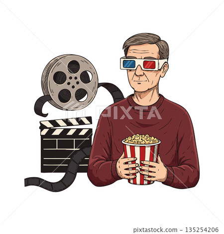 Elderly man watching movie with 3D glasses holding popcorn vector illustration 135254206