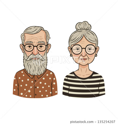 Elderly man with beard and woman with glasses in casual striped and polka dot clothing vector illustration 135254207