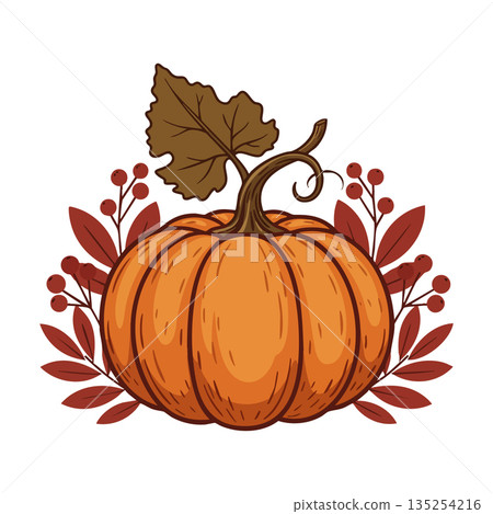 Pumpkin with autumn leaves and berries seasonal harvest vector illustration 135254216