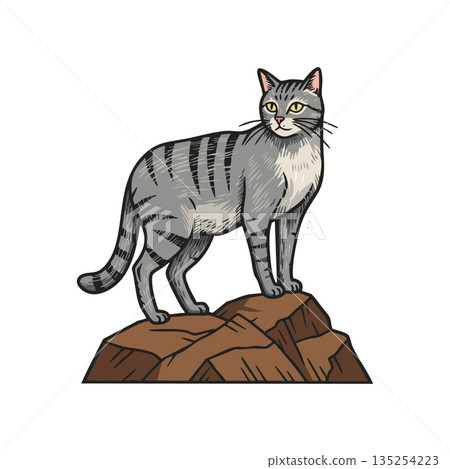 Grey striped cat standing on brown rocks vector illustration natural pose Grey striped cat standing on brown rocks vector illustration natural pose 135254223