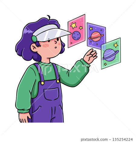 Child exploring space visualization planets stars educational vector illustration purple and green outfit Child exploring space visualization planets stars educational vector illustration purple and green outfit 135254224
