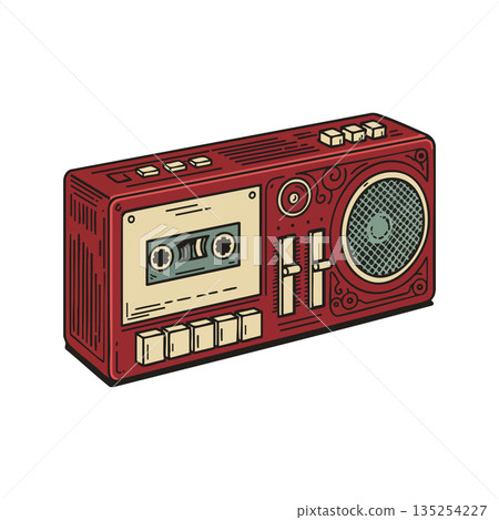 Vintage red cassette player radio vector illustration with speaker and buttons Vintage red cassette player radio vector illustration with speaker and buttons 135254227