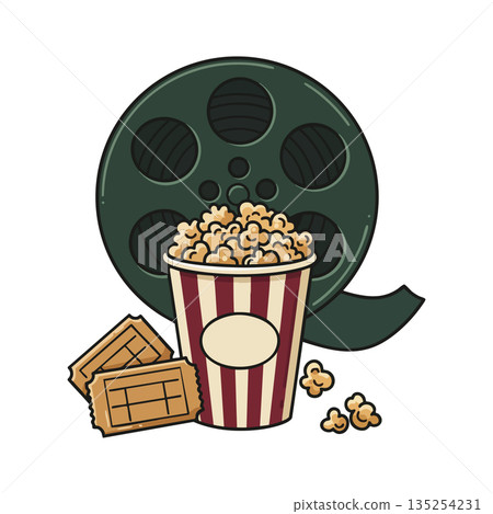 Movie film reel popcorn bucket and chocolate bars vector illustration for cinema entertainment 135254231