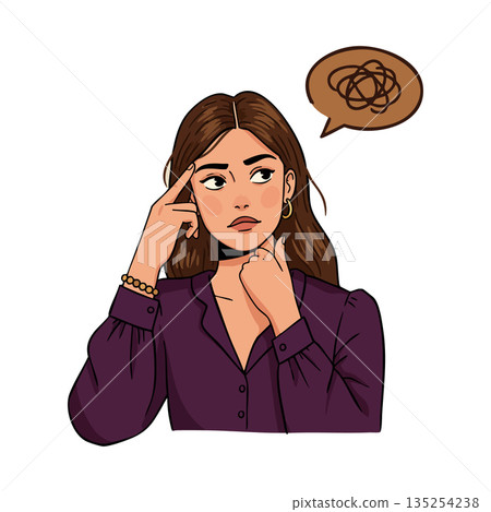 Young woman thinking with confused expression and thought bubble vector illustration 135254238