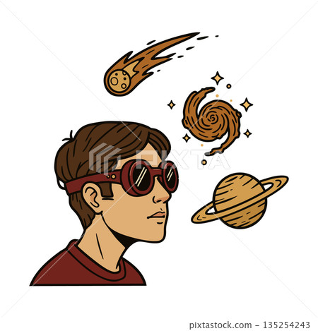 Young man wearing goggles looking at cosmic elements including meteor galaxy and planet vector illustration Young man wearing goggles looking at cosmic elements including meteor galaxy and planet vector illustration 135254243