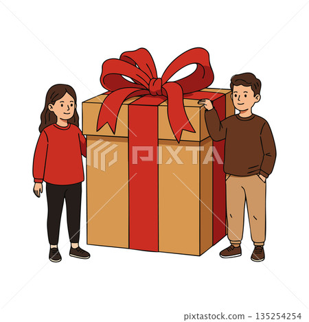 Children standing beside large gift box with red bow and ribbon vector illustration 135254254