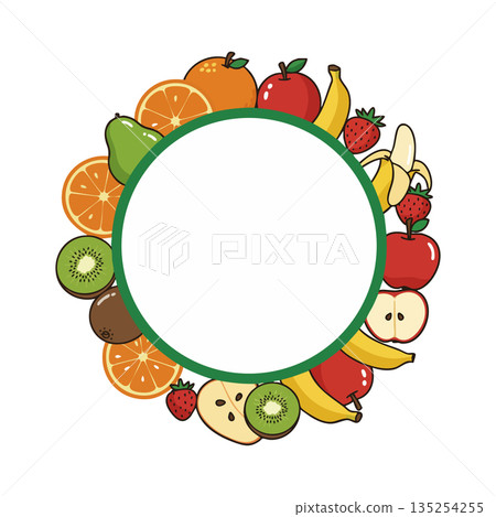 Colorful fruit wreath frame with apples bananas oranges kiwi and strawberries vector illustration Colorful fruit wreath frame with apples bananas oranges kiwi and strawberries vector illustration 135254255