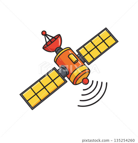 Satellite with solar panels and antenna transmitting signals vector illustration 135254260