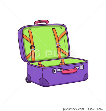Purple and green open suitcase with orange straps travel luggage vector illustration Purple and green open suitcase with orange straps travel luggage vector illustration 135254262