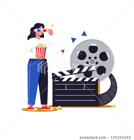 Woman watching 3D movie with popcorn and film reel vector illustration Woman watching 3D movie with popcorn and film reel vector illustration 135254263