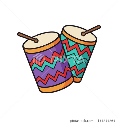Colorful conga drums with zigzag patterns vector illustration in vibrant design style Colorful conga drums with zigzag patterns vector illustration in vibrant design style 135254264