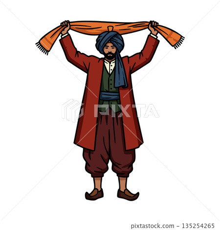 Traditional man in cultural attire holding orange scarf above head vector illustration Traditional man in cultural attire holding orange scarf above head vector illustration 135254265
