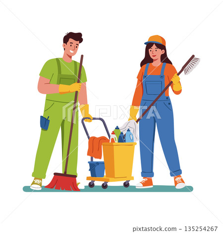 Male and Female Cleaners with Mops and Cleaning Supplies in Uniform Illustration 135254267