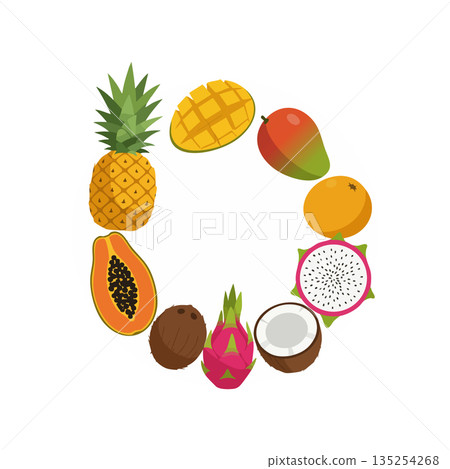 Tropical fruits circle illustration with pineapple mango coconut and dragon fruit vector 135254268