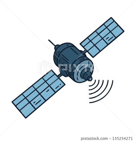 Satellite with solar panels and signal transmission vector illustration in blue tones Satellite with solar panels and signal transmission vector illustration in blue tones 135254271