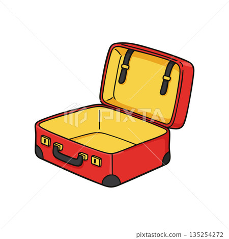 Red open suitcase with yellow interior for travel packing and storage vector illustration Red open suitcase with yellow interior for travel packing and storage vector illustration 135254272