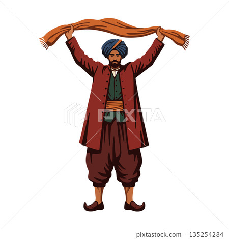 Man in Traditional Ottoman Clothing Raising Scarf with Turban and Red Coat Vector Illustration Man in Traditional Ottoman Clothing Raising Scarf with Turban and Red Coat Vector Illustration 135254284