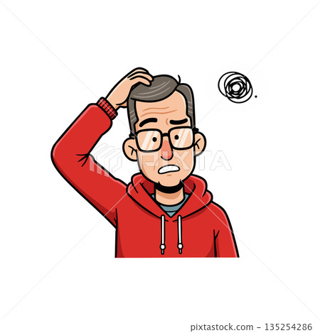 Confused man scratching head in red hoodie vector illustration with glasses and gray hair 135254286