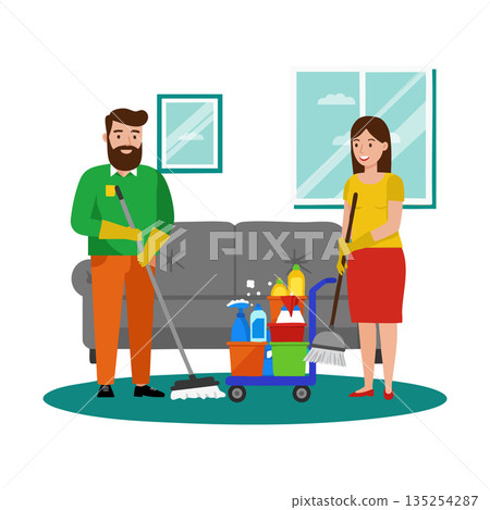 Man and woman cleaning living room with mops and cleaning supplies vector illustration 135254287