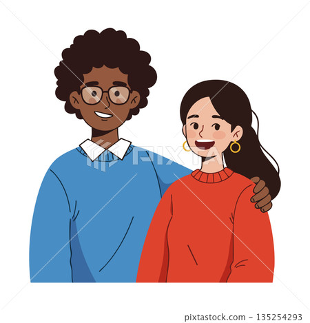 Diverse young couple smiling together wearing blue and red sweaters vector illustration Diverse young couple smiling together wearing blue and red sweaters vector illustration 135254293