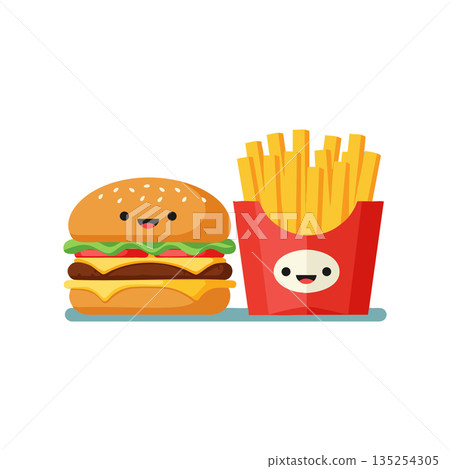 Cute hamburger and french fries cartoon characters smiling vector illustration Cute hamburger and french fries cartoon characters smiling vector illustration 135254305