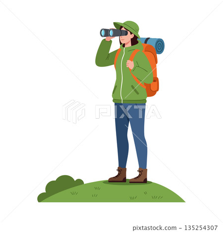 Female Hiker Using Binoculars Wearing Green Jacket and Backpack Outdoor Adventure Vector Female Hiker Using Binoculars Wearing Green Jacket and Backpack Outdoor Adventure Vector 135254307