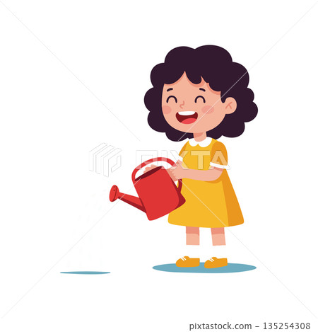 Happy girl watering plants with red watering can cheerful lifestyle vector illustration Happy girl watering plants with red watering can cheerful lifestyle vector illustration 135254308