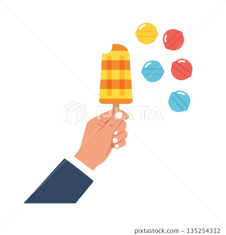 Hand Holding Yellow Orange Checkered Popsicle with Colorful Candy Balls Vector Illustration 135254312