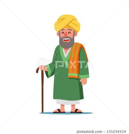 Elderly man with walking stick wearing traditional robe and yellow turban vector illustration Elderly man with walking stick wearing traditional robe and yellow turban vector illustration 135254314