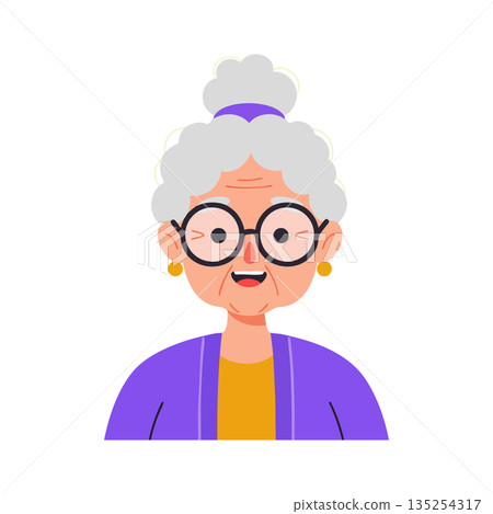 Elderly woman smiling with glasses gray hair purple jacket vector illustration Elderly woman smiling with glasses gray hair purple jacket vector illustration 135254317