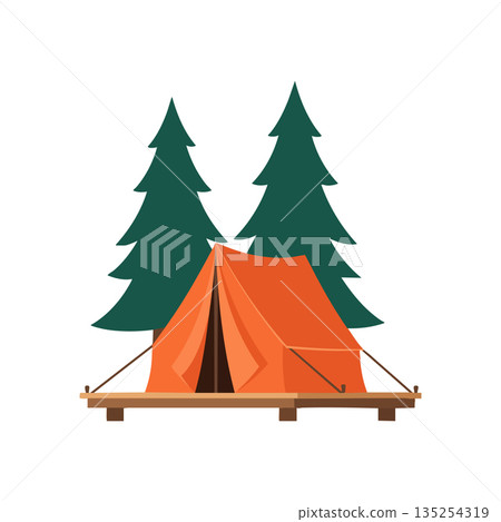 Camping tent with pine trees outdoors nature adventure vector illustration Camping tent with pine trees outdoors nature adventure vector illustration 135254319