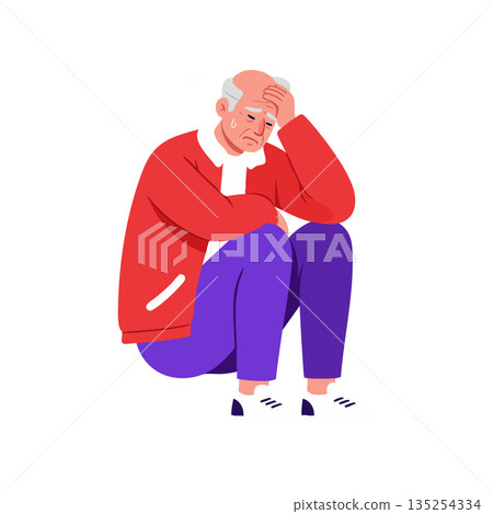 Elderly man sitting with headache wearing red jacket and purple pants vector illustration 135254334