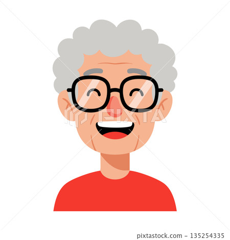 Elderly smiling person with gray hair wearing glasses and red shirt vector illustration cheerful expression Elderly smiling person with gray hair wearing glasses and red shirt vector illustration cheerful expression 135254335