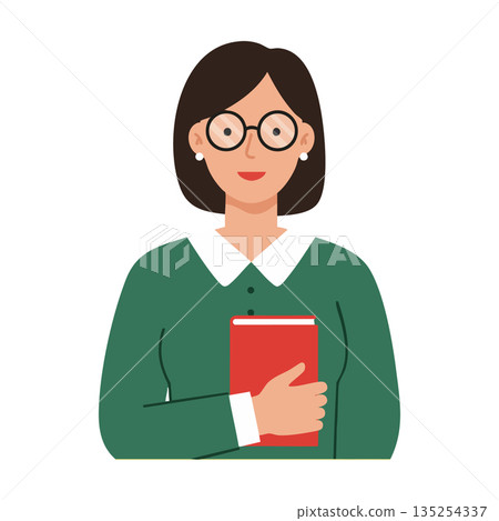 Woman holding red book wearing green sweater and glasses vector illustration 135254337