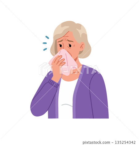 Elderly woman sneezing with handkerchief feeling unwell vector illustration 135254342