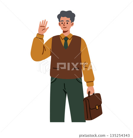Man waving hand holding briefcase casual business style vector illustration 135254343