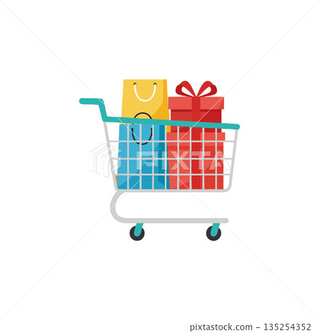Shopping cart filled with colorful gift boxes and shopping bags illustration vector 135254352