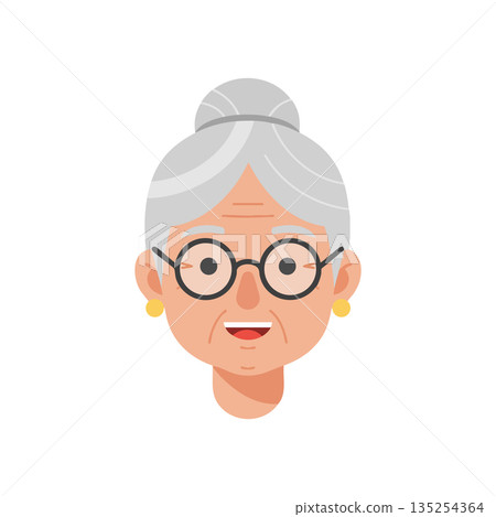 Elderly woman smiling with glasses gray hair bun vector illustration portrait 135254364
